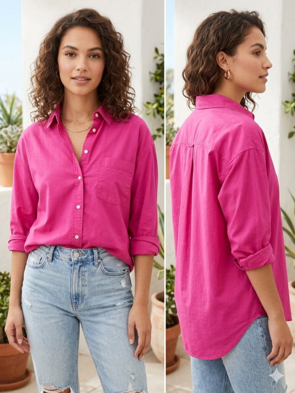 NWT Old Navy Boyfriend Shirt Women's Fuchsia Pink Button Down Long Sleeve Size L - Picture 1 of 6